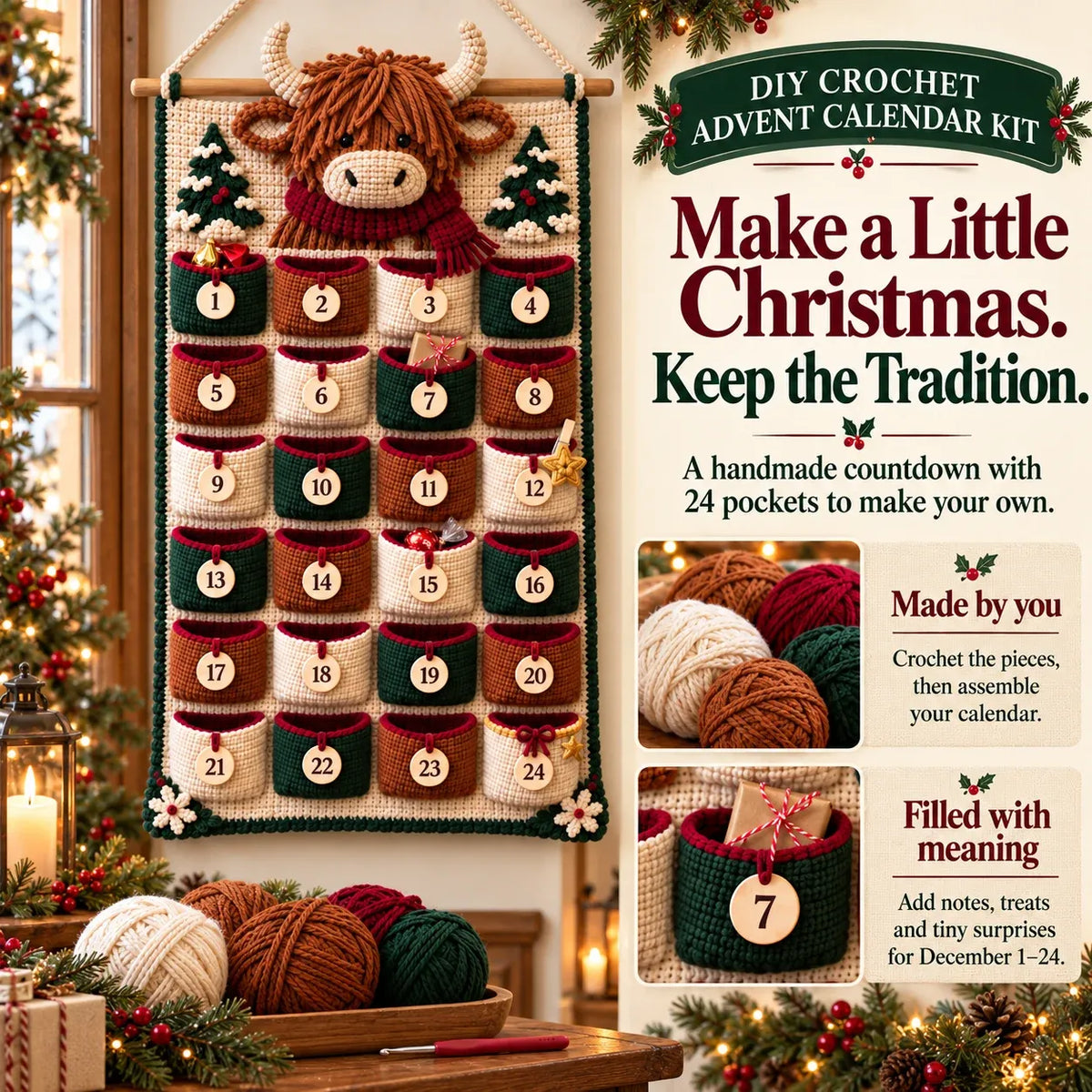 🧶 DIY Crochet Advent Calendar Kit | 24 Refillable Pockets, 4 Christmas Characters & Complete Crochet Materials 🎄