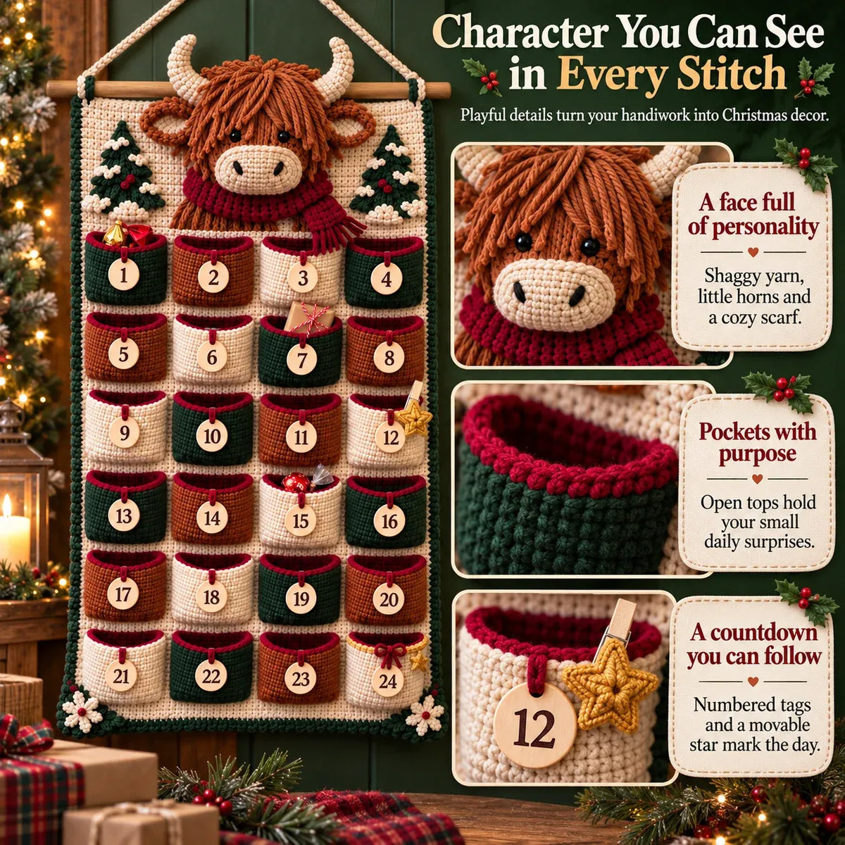 🧶 DIY Crochet Advent Calendar Kit | 24 Refillable Pockets, 4 Christmas Characters & Complete Crochet Materials 🎄